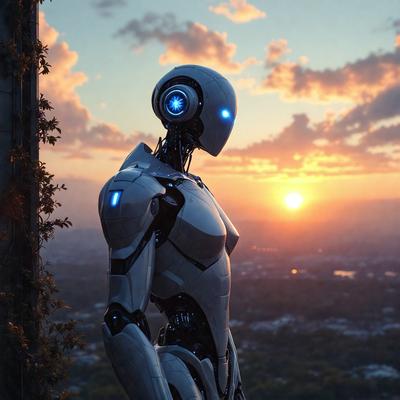 Primary subject: A robot with a blue face and silver body.

Setting/background: The robot is standing on a hill, overlooking a city.

Visual style: The robot is a digital illustration.

Colors and mood: The robot has a blue face and a silver body, giving it a futuristic and sleek appearance. The overall atmosphere is calm and serene, as the robot stands alone on the hill, taking in the view of the city below.